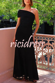 Effortless Elegance Mesh Off Shoulder Ruched Stretch Maxi Dress