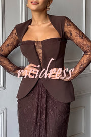 Belle Contrast Sheer Lace Fabric Patchwork Square Neck Long Sleeve Drape Maxi Dress