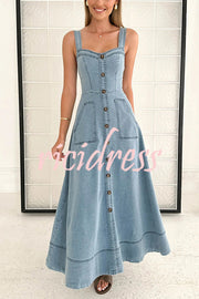 Solid Color Suspender Pocket Button Slim Denim Midi Dress