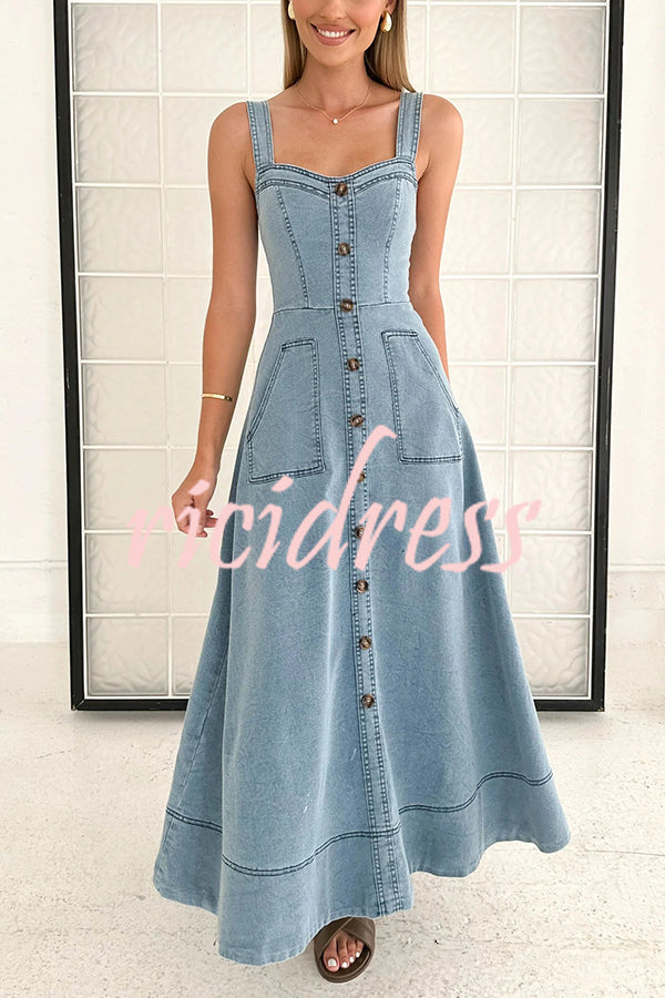 Solid Color Suspender Pocket Button Slim Denim Midi Dress