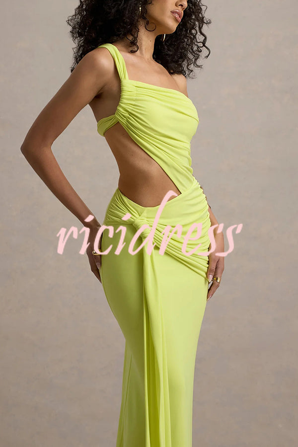 Sexy One-shoulder Backless Ribbon Pleated Slim Maxi Dress