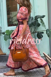 Bohemian Floral Print Elegant Puff Sleeve Holiday Maxi Dress
