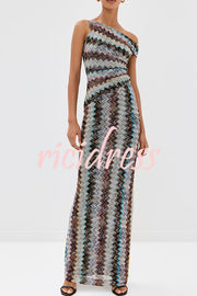 Cocktails and Vacation Knit Colorful Zigzag Pattern One Shoulder Slit Maxi Dress