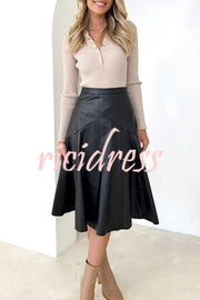 The Karina Faux Leather High Waist Swing Midi  Skirt