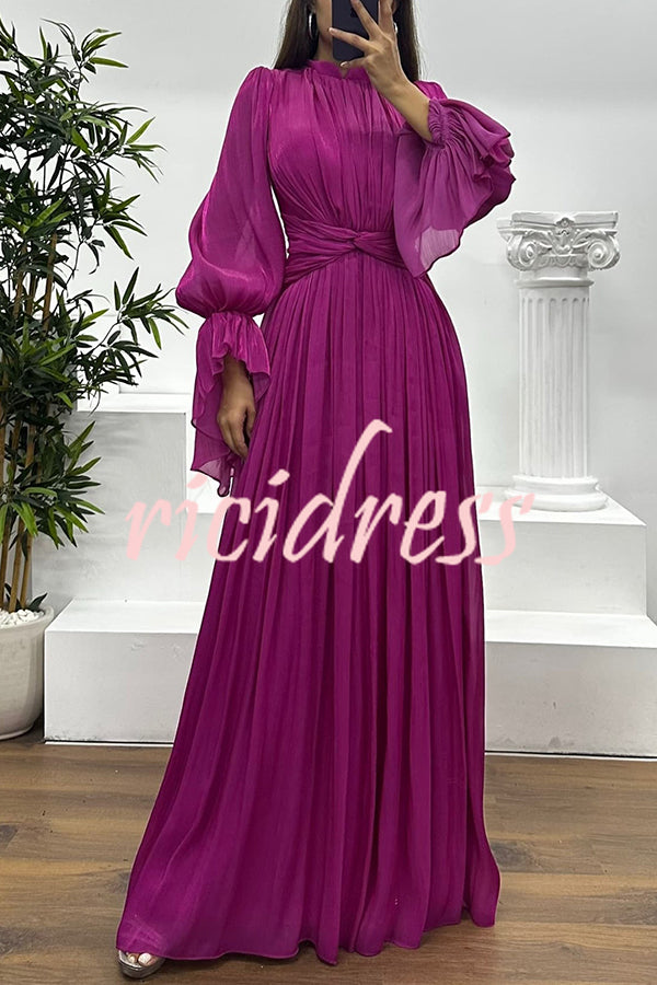 Ellah Shiny Fabric Chinese Stand Collar Twist Waist Balloon Sleeve Maxi Dress