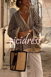 Comfortable and Effortless Striped Long Slit Sleeve Button Relaxed Loose Blouse