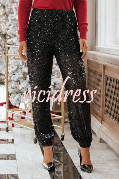 Special Event Sequin High Rise Elastic Waist Pocketed Pants