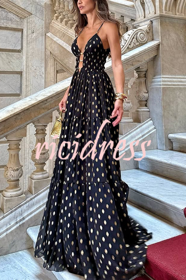 Charming View Chiffon Gold Polka Dot Print Cutout Lightweight Maxi Dress