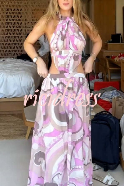 Tauni Unique Print Hollow Waist Backless Elastic Strap Halter Maxi Dress