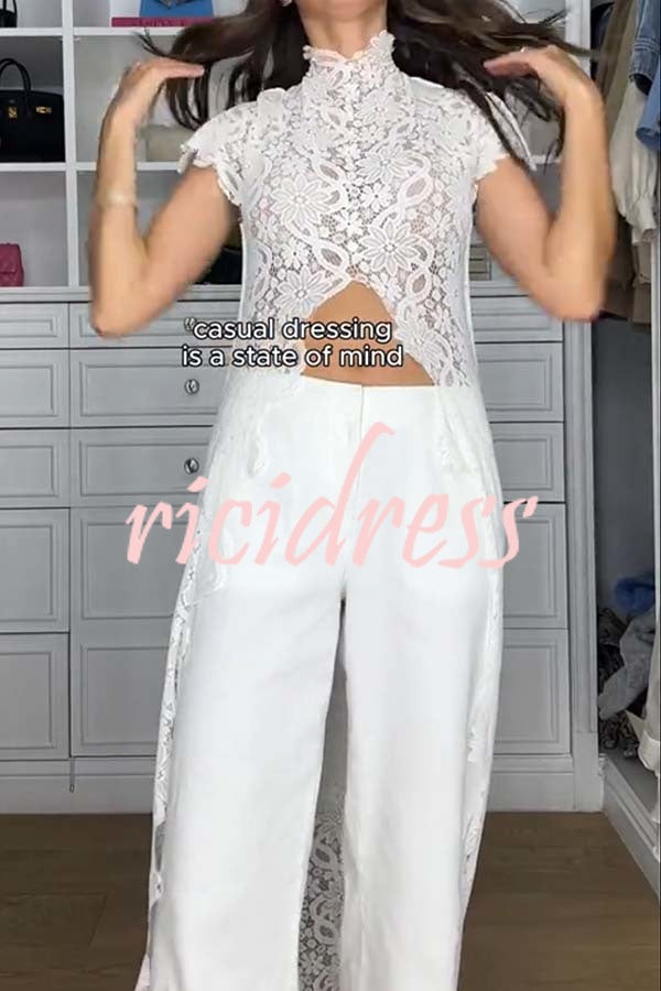 Elegant Personality Floral Lace Short Sleeve Front Slit Maxi Top