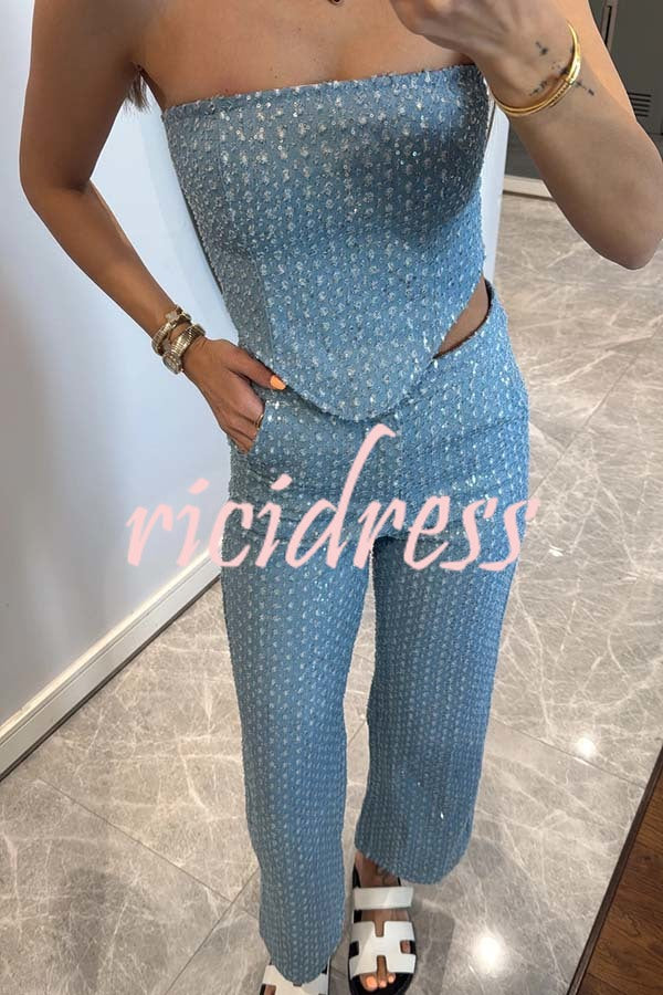 Fashionable Look Denim Sequin Textured Tube Top
