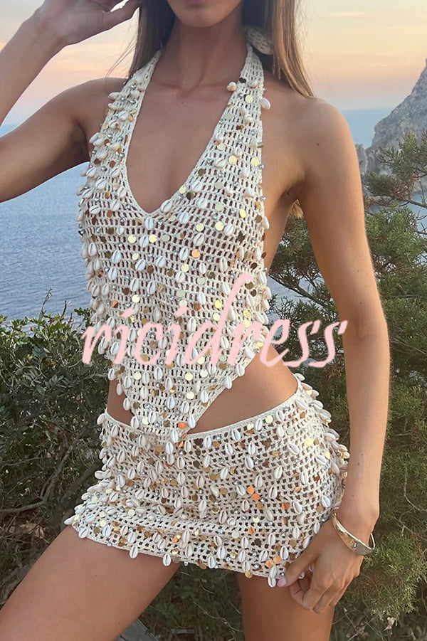 Sexy Halter Back Shell Sequined Top and Fitted Beach Mini Skirt Set