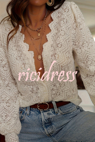 Fashionable Openwork Lace Long-sleeved V-neck Elegant Shirt