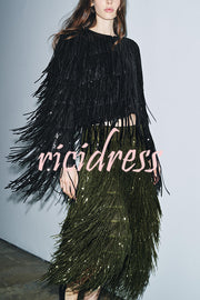 Party Crasher Layered Sequined Tassels High Rise Back Zipper Midi Skirt