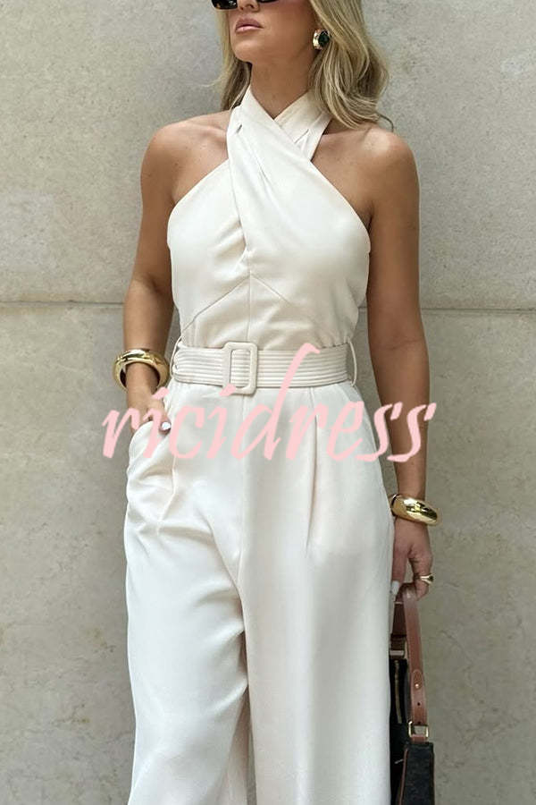 Solid Color Halterneck Sleeveless Waisted Casual Pocket Straight Jumpsuit