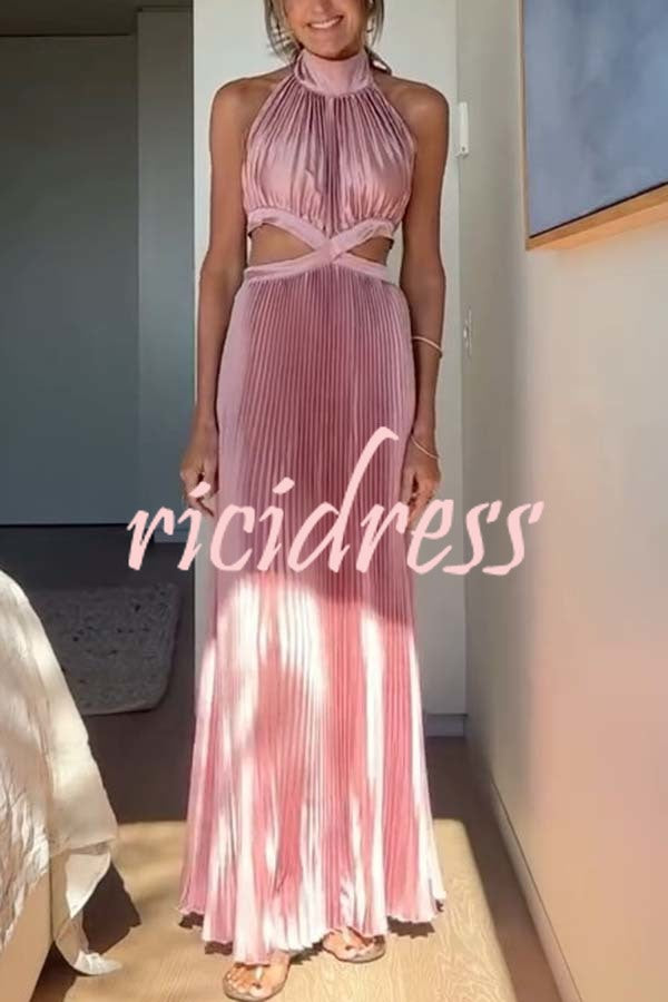 Stunning Choice Satin Pleated Halter High Neck Cutout Waist Backless Maxi Dress