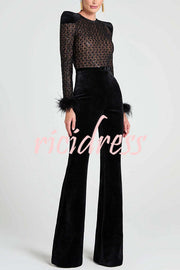 Monique Fish Scale Lace Sequin Velvet Patchwork Feather Trim Belted Stretch Flare Jumpsuit