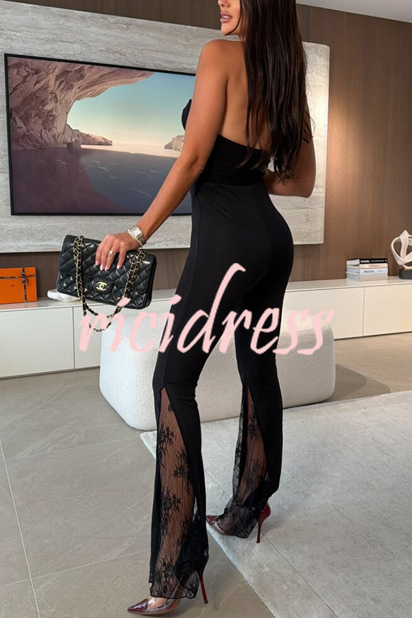 Dazzling Night High Waist Side Lace Hem Stretch Flare Pants