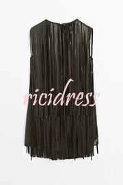 Modern Times Faux Leather Layered Tassel Design Sleeveless H-line Mini Dress