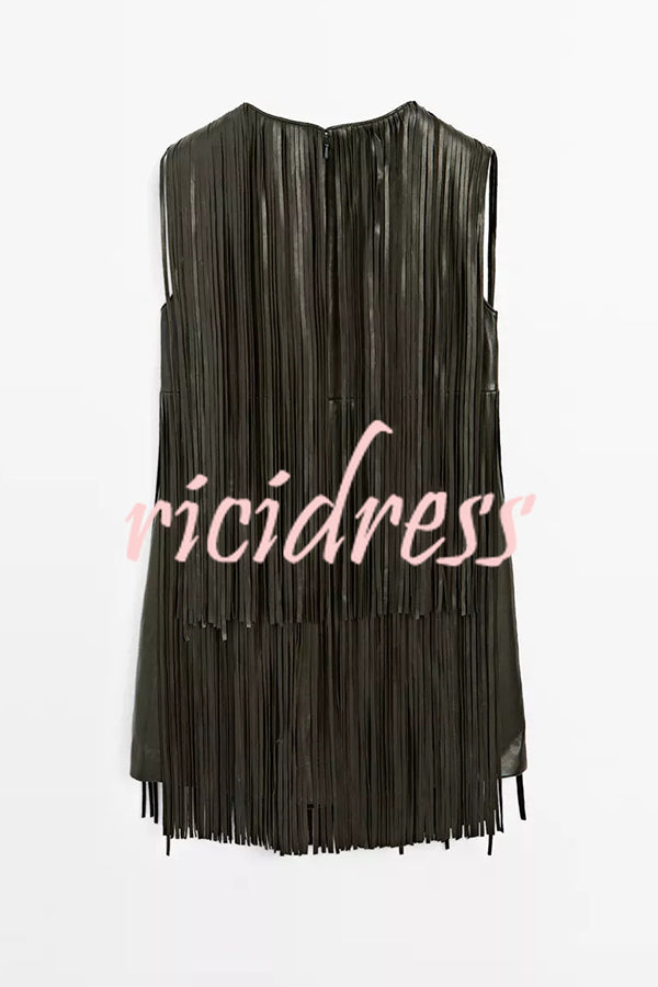 Modern Times Faux Leather Layered Tassel Design Sleeveless H-line Mini Dress