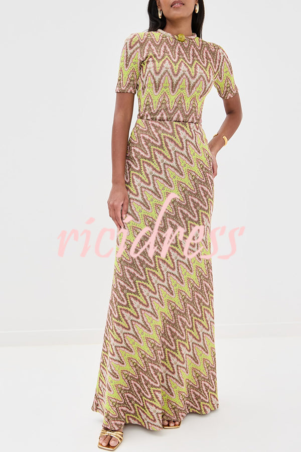 Moonlit Waltz Knit Jacquard Zigzag Print High Rise Stretch Flare Maxi Skirt