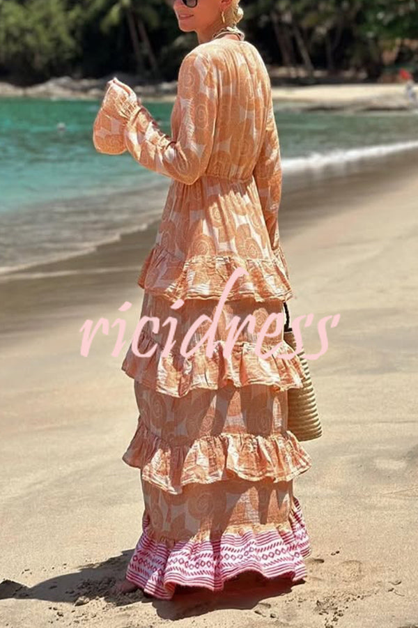 Soleil Conch Print Drawstring Waist Tiered Ruffles Cover-up Maxi Dress