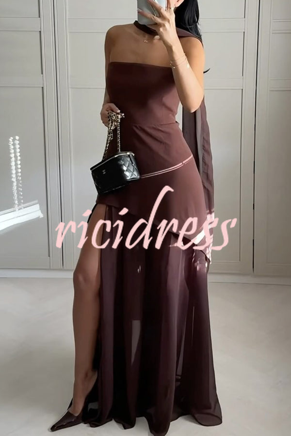Monaco Off Shoulder Structured Top Chiffon Slit Hem Scarf Maxi Dress