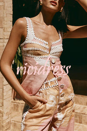 European Summer Linen Blend Ric Rac Trims Unique Print Button Tank