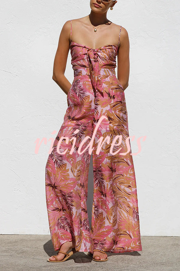 Botanical Print Strappy Resort Style Wide-leg Pants Jumpsuit