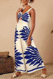 Unique Printed Open Back Pleated Casual Wide-leg Jumpsuit