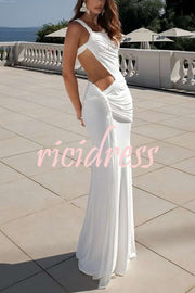 Sexy One-shoulder Backless Ribbon Pleated Slim Maxi Dress