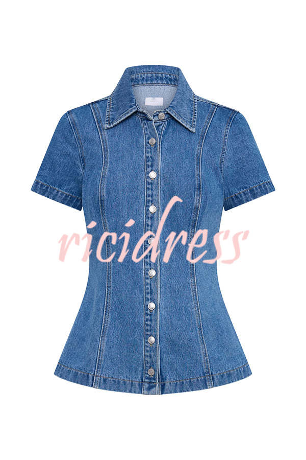 Modern Flavor Denim Short Sleeve Button Up Princess Seams Stretch Top