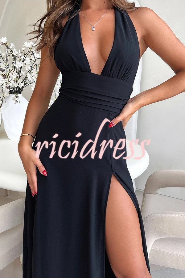 Sexy V-neck Backless Waist Tie High Slit Maxi Dress