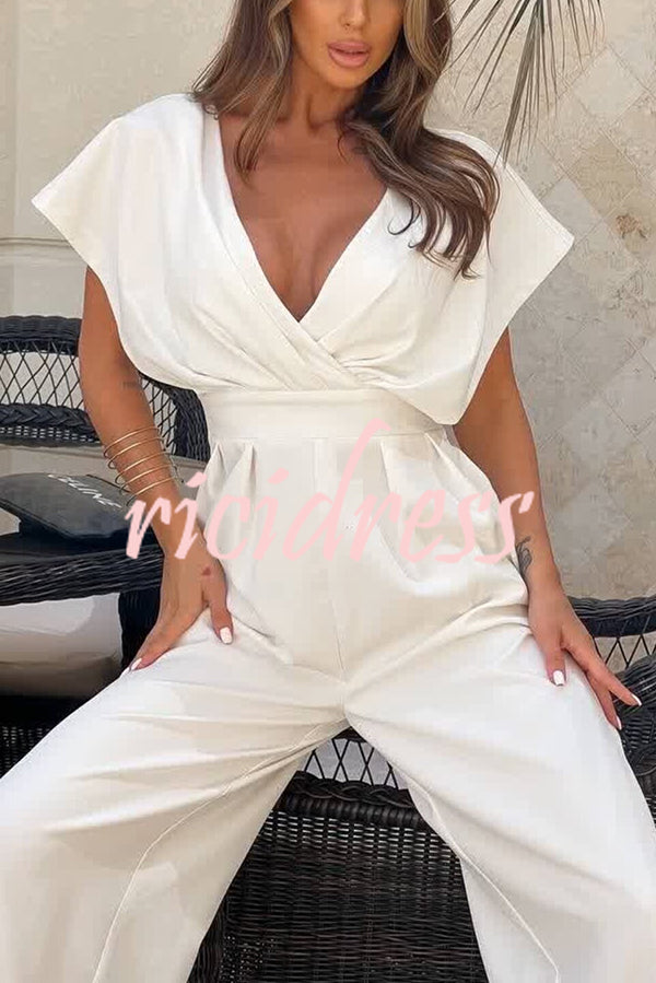 Solid Color V-neck Waist Casual Wide-leg Jumpsuit