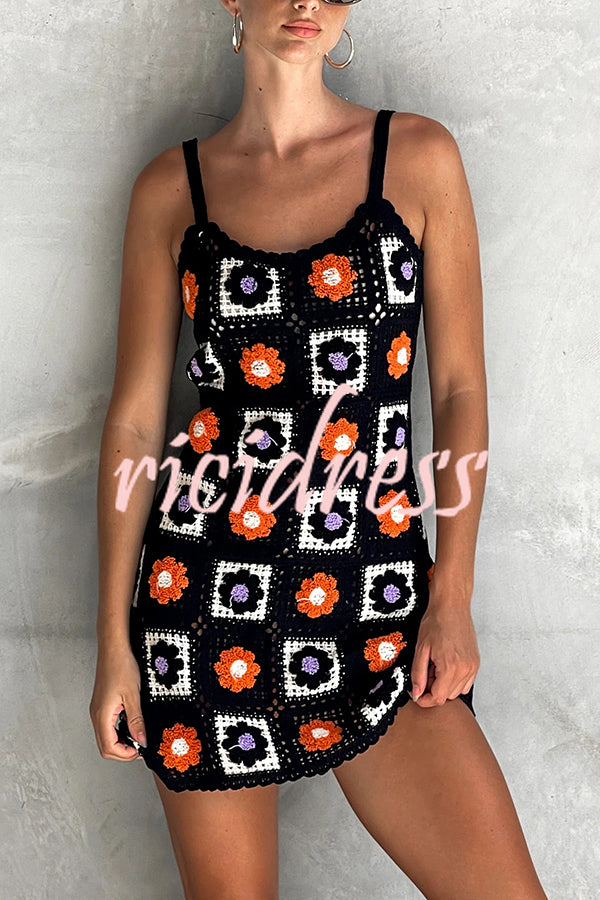 Embroidered Floral Strappy Knitted Mini Dress