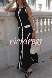 Elegant Slim Fit Crew Neck Buttoned Sleeveless Knit Midi Dress