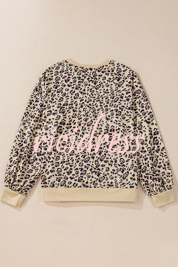 Leopard Print Crew Neck Patchwork Long sleeve Casual Loose Sweatshirt