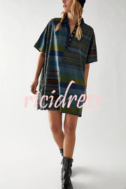 Contrast Striped Patchwork Denim Lapel Loose Casual Mini Dress