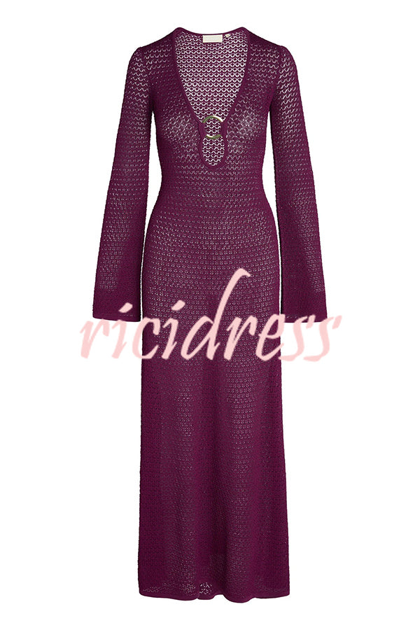 Seaside Goddess Crochet Knit Hollow Out Golden Ring Long Sleeve Cover-up Maxi Dress