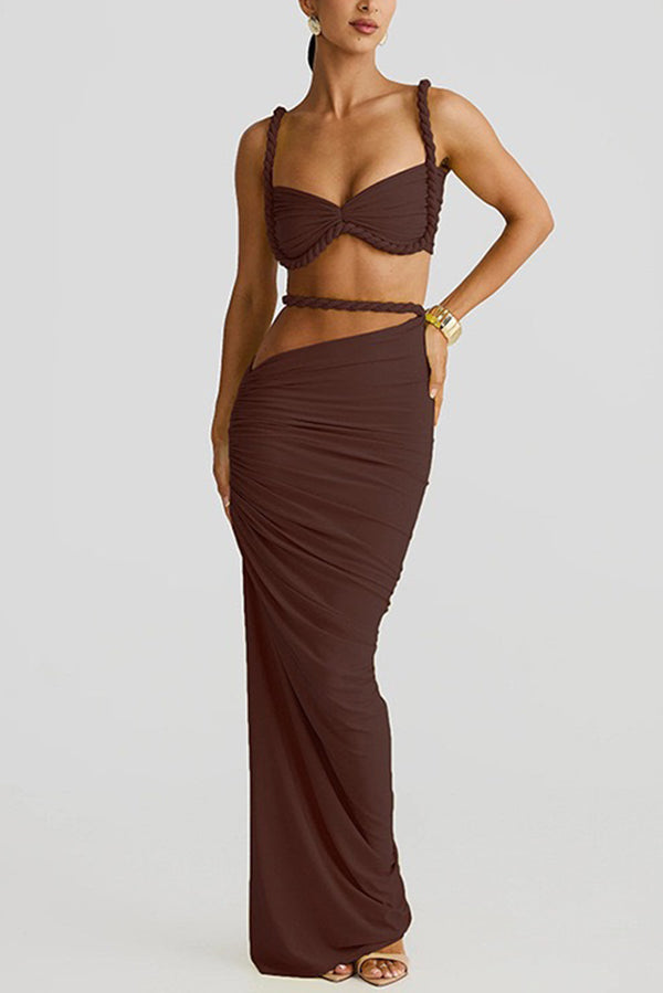 Sexy Halter Back Braided Suspender Top and Beach Holiday Style Hip-wrapped Maxi Skirt Set