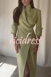 Elegant Look Linen Blend Stand Lapel Neck Half Sleeve Side Button Midi Dress