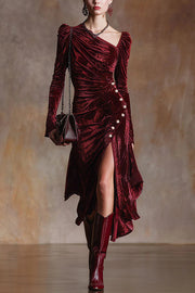Elegant Velvet Long-sleeved Pleated Button Midi Dress