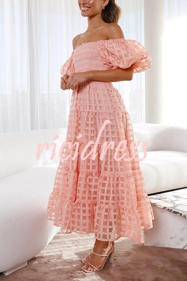 Solid Color Off-shoulder Lantern Sleeve Patchwork Midi Dress