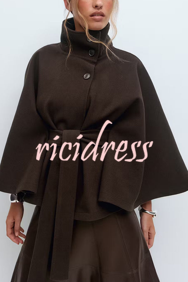 Fashionable Stand Collar Button Waist Tie Loose Cape