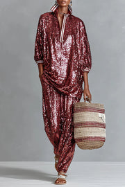 Holiday Honey Sequin Striped Trim Half Sleeve Loose Shirt and Elastic Waist Pocket Wide Leg Pants Set