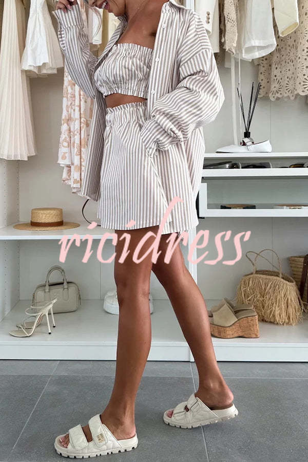 Zoie Striped Stretch Bandeau + Elastic Waist Pocket Shorts + Oversized Blouse 3 Pieces Set