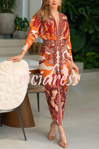 Brazilian Style Unique Print Dolman Long Sleeve Ruched Slit Midi Dress