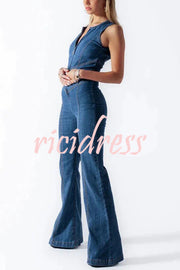 Fashionable Heart Hollow Back Slim High Waist Flared Denim Jumpsuit