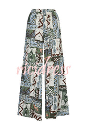 Terrace View Off Shoulder Tie Loose Top and Elastic Waist Unique Print Loose Pants Set