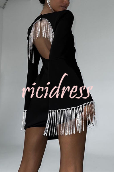 Fashionable Fringed Square Neck Bell Sleeves Hollow Back Mini Dress